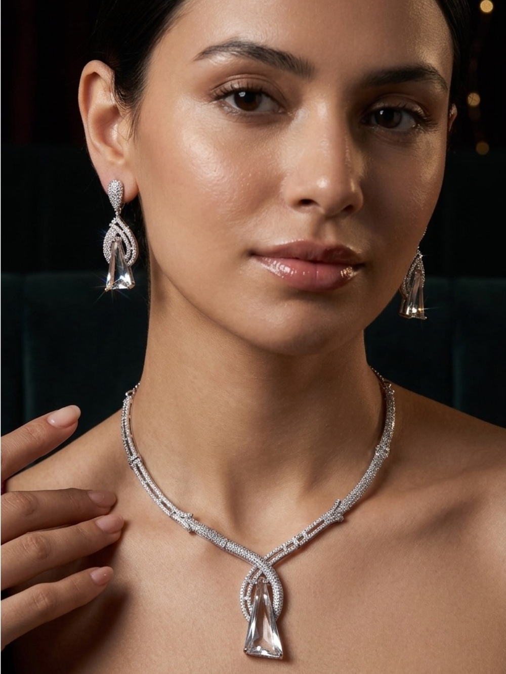 18k Gold Plated American Diamonds (Zirconia) Necklace with Matching Earrings